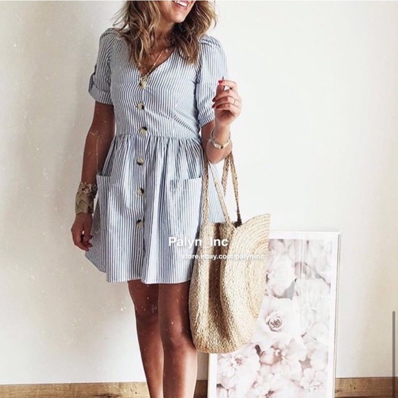 ZARA SS18 SKY BLUE STRIPED DRESS WITH POCKETS - Picture 15 of 16